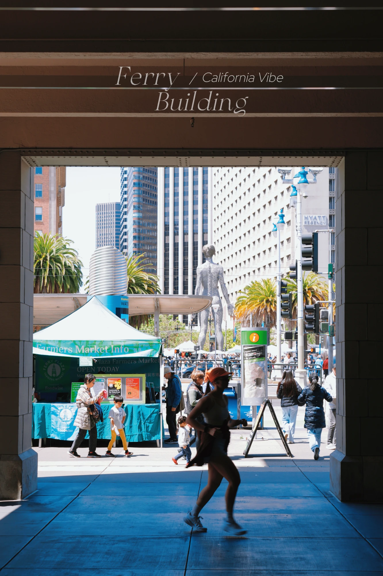 A pedestrian crosses a doorway framing a city street, with a title printed on the image.