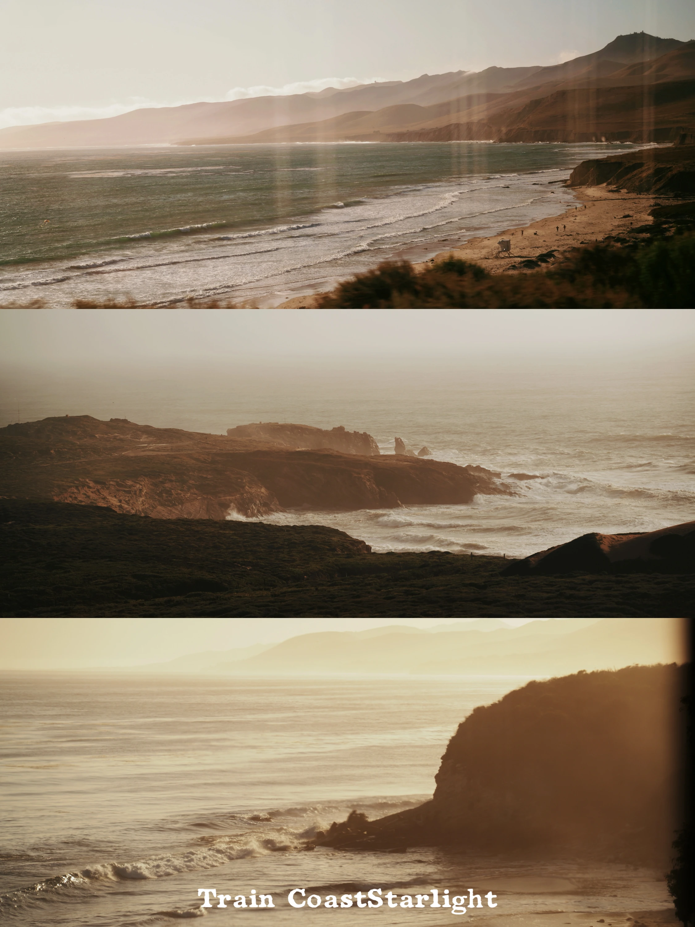 Triptych of misty coastal cliffs seen from the Coast Starlight train.