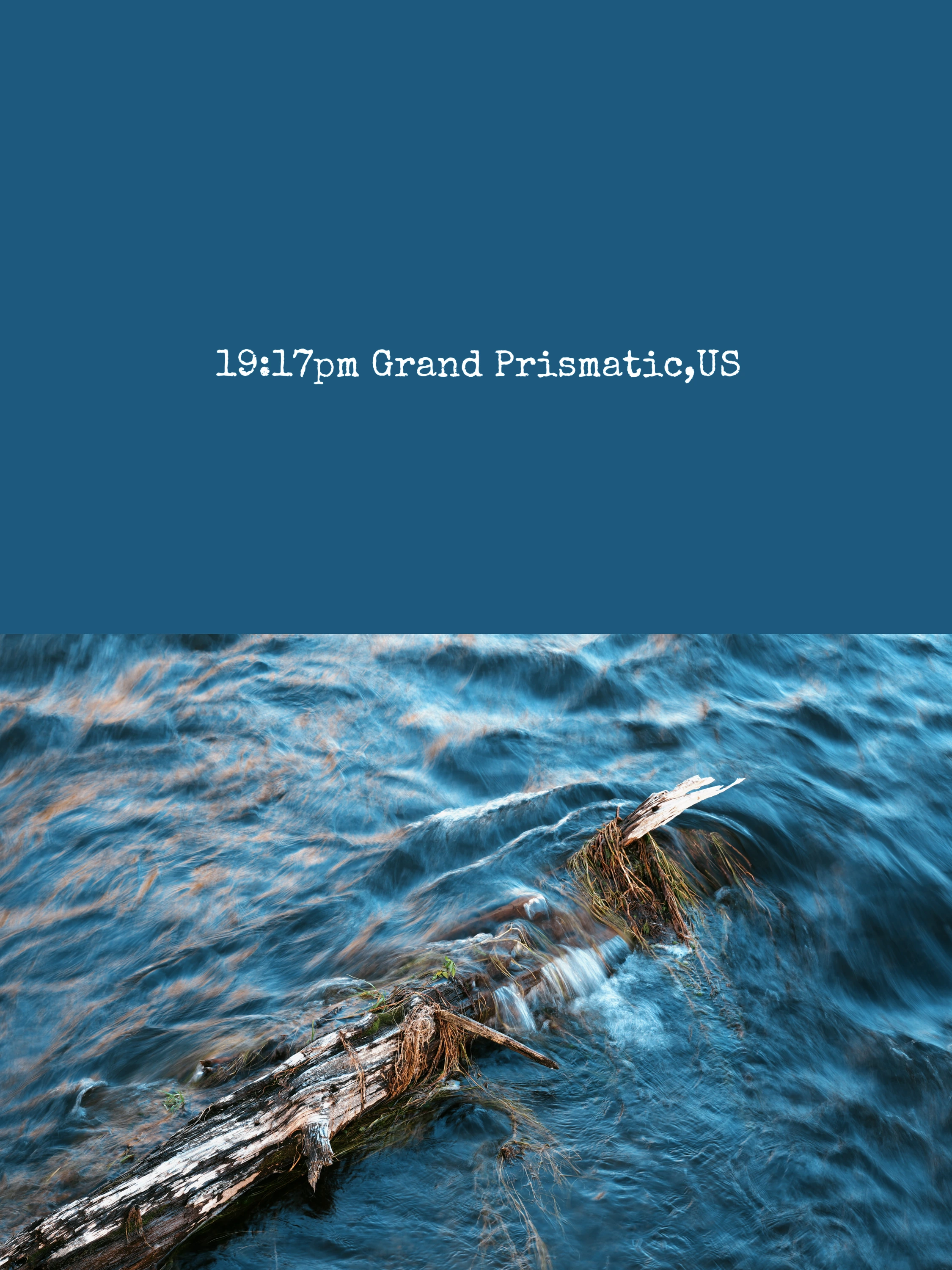 Field note, Grand Prismatic: a weathered log in rushing blue water.