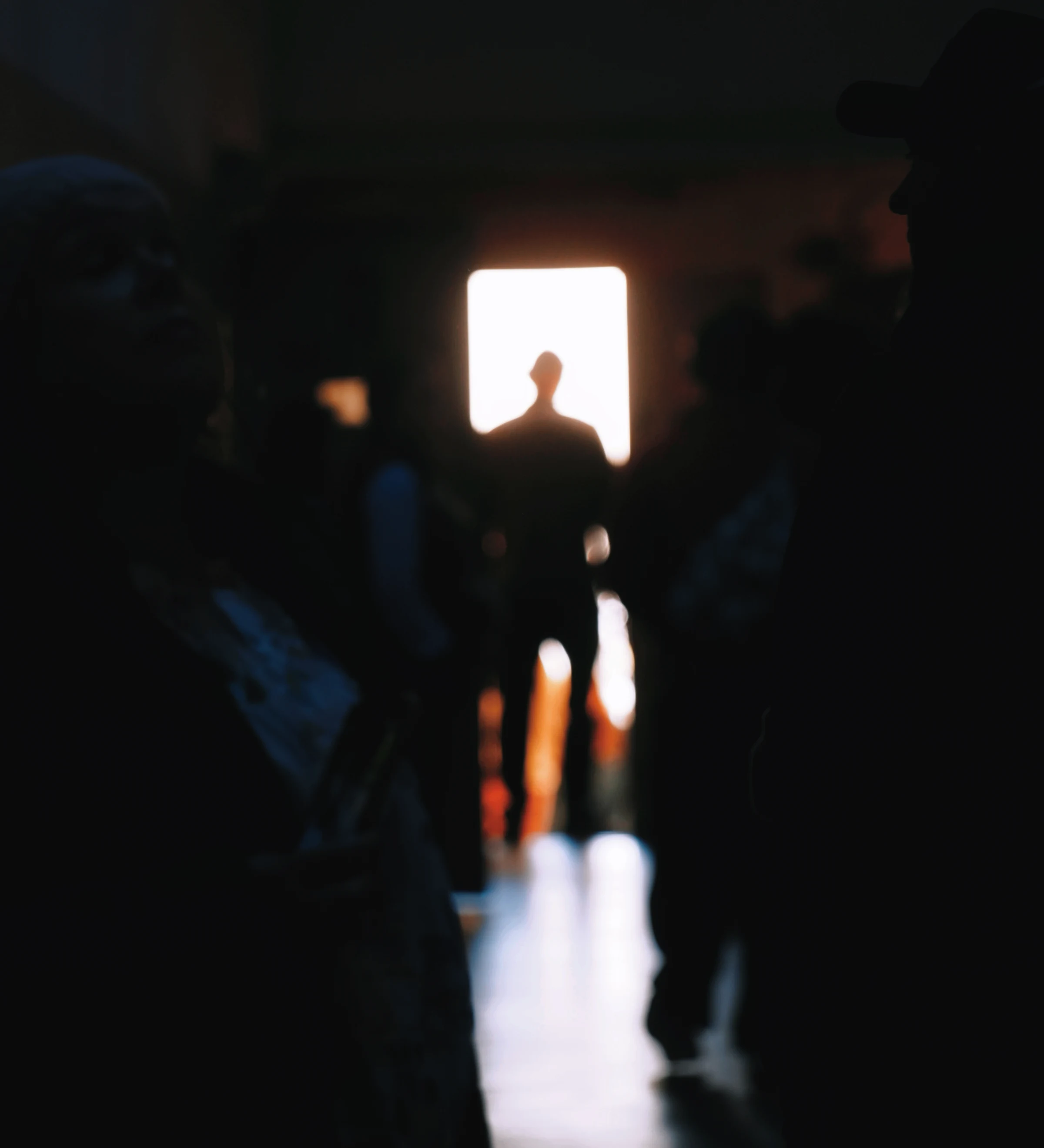 Silhouetted visitors in a dark corridor face a brightly backlit doorway where a lone figure stands.