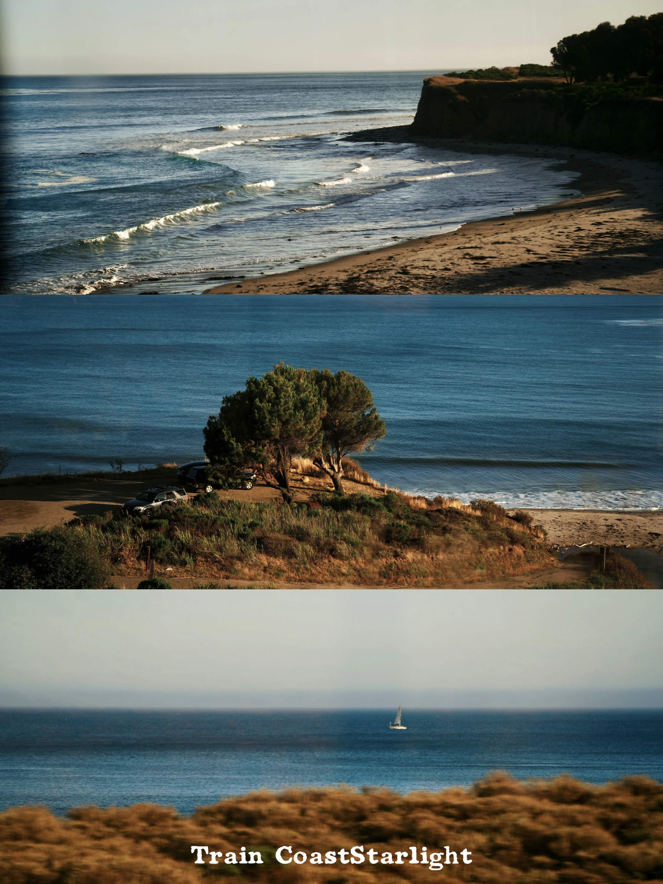 Triptych of surf, a lone cypress and a distant sail along the coast.
