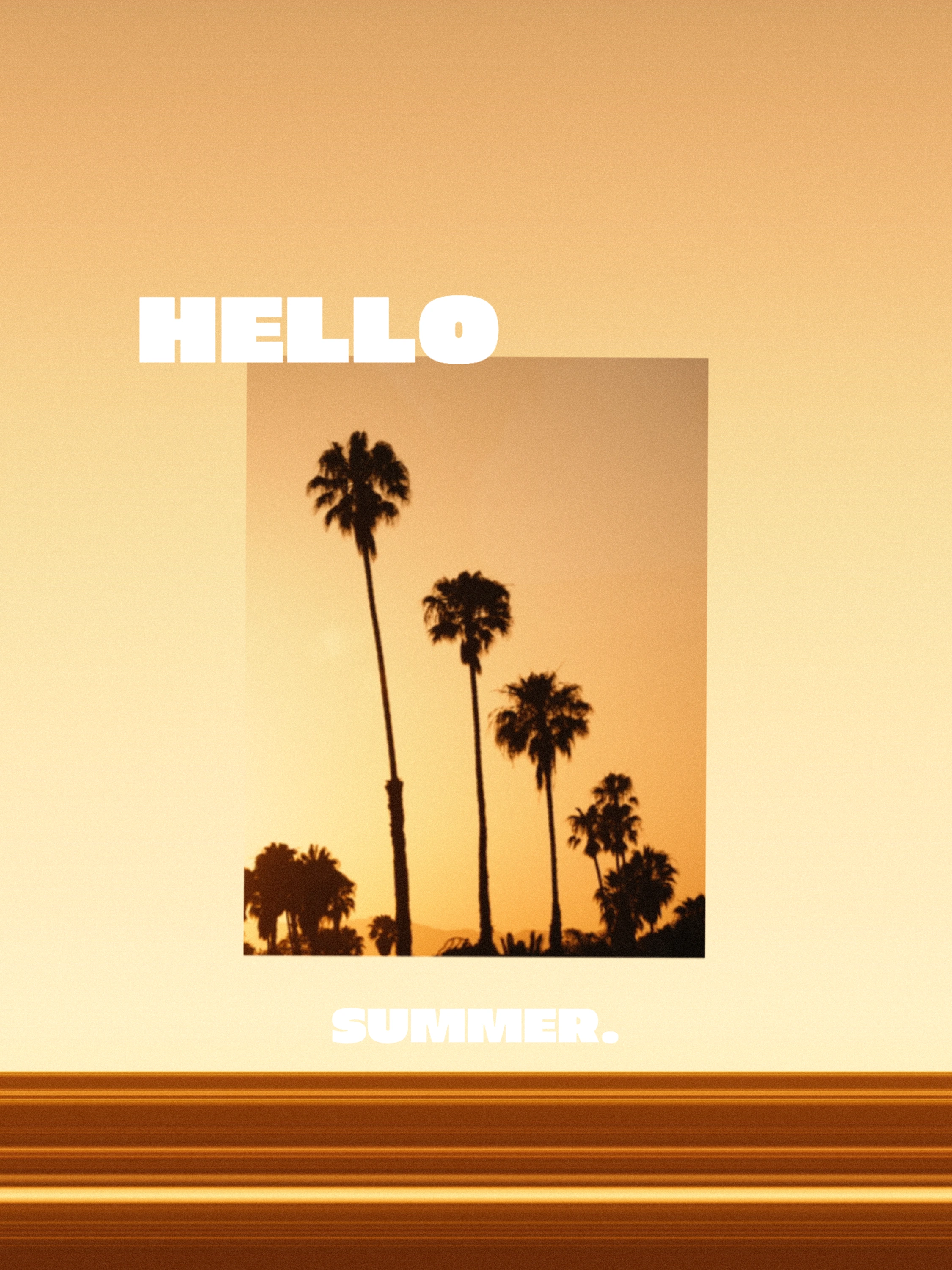 Palm silhouettes at sunset in a striped Hello Summer graphic frame.