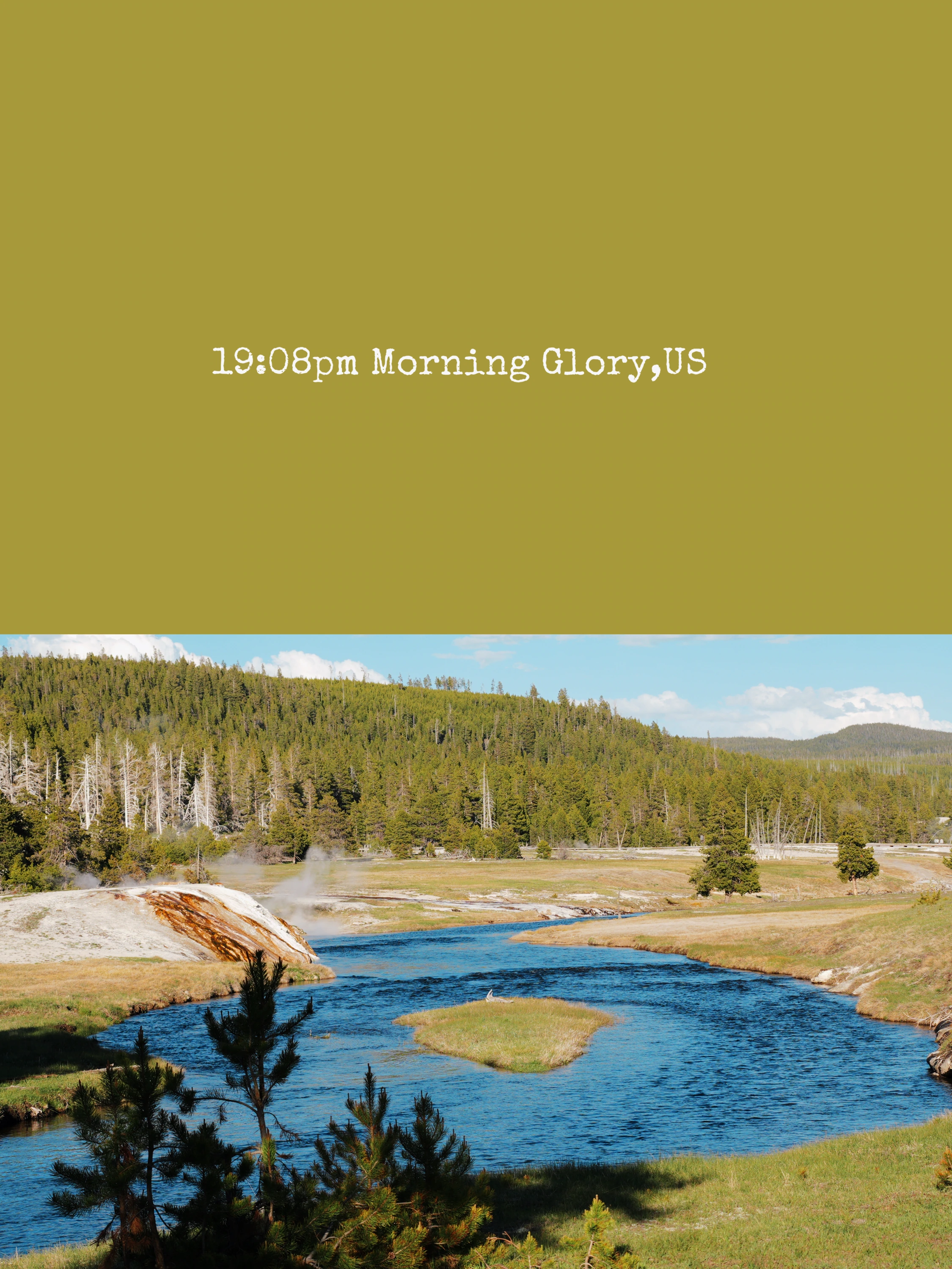 Field note, Morning Glory: a river bend through a geyser basin meadow.